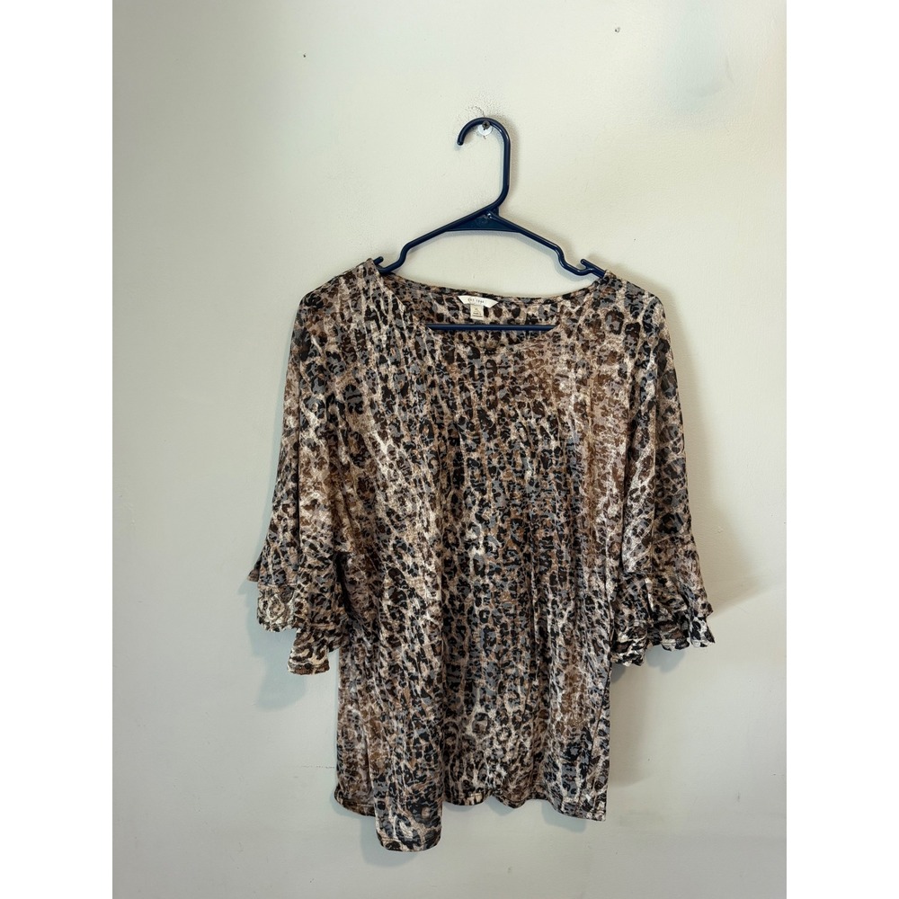 Est. 1946 Women XL Leopard Print Bell Sleeve Blouse Brown Animal Print Top